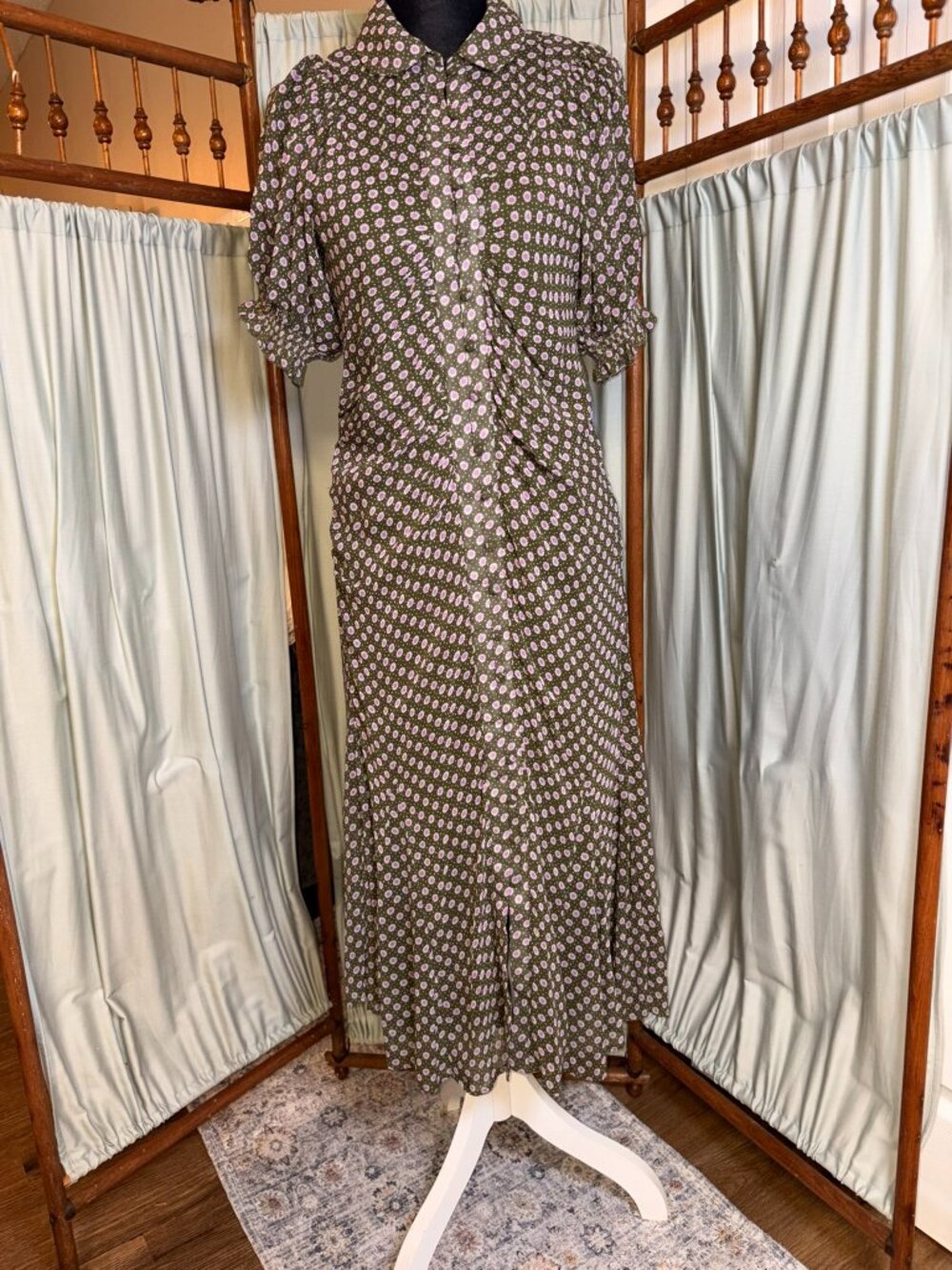 Anthropologie Green Floral Midi Dress Size 4 Cottagecore Ruffle Sleeve